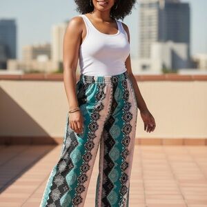 SHEIN Teal‎ and Black Patterned Wide-Leg Pants